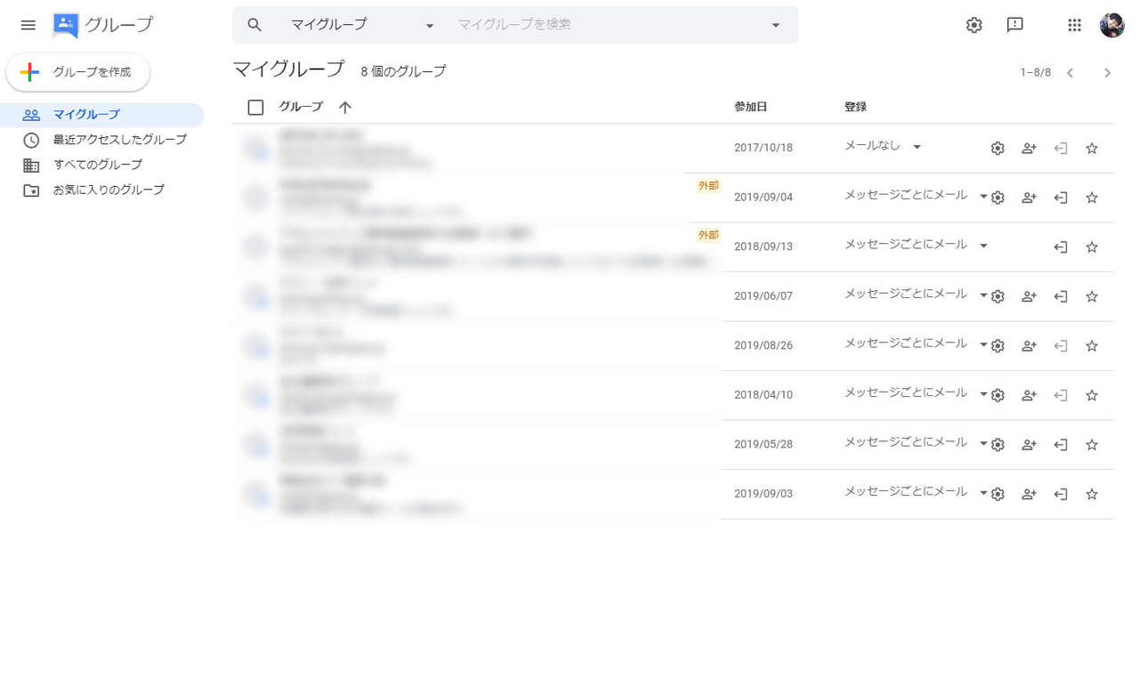 新しいGoogleグループ　グループの一覧